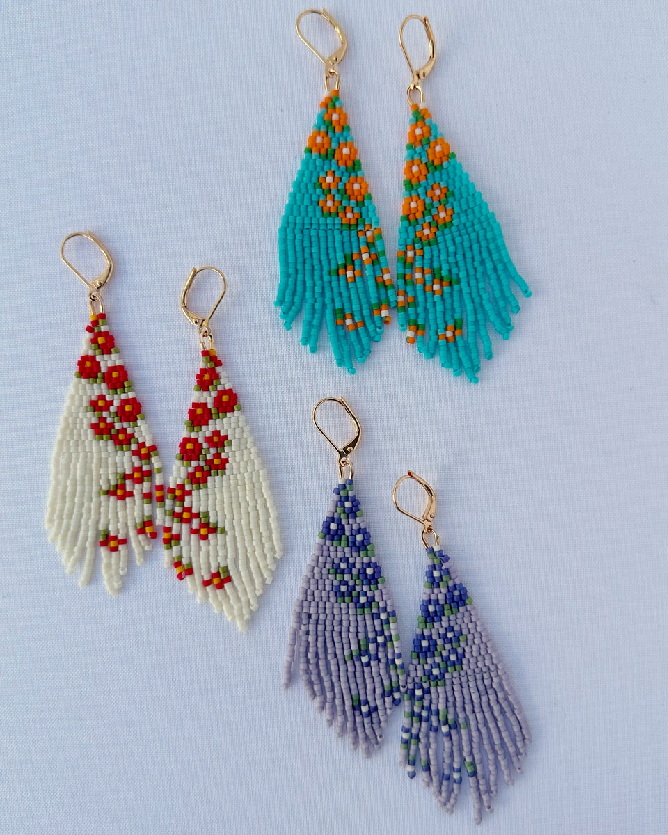 Teal & Pink Beaded Fringe Earrings with Vintage Tin Flowers – Wanderlust  Designs Jewelry