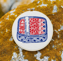 Load image into Gallery viewer, Embroidery Kit.  Tinned Fish, Pickles, Folk Caribou, Nordic Heart.
