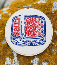 Load image into Gallery viewer, Embroidery Kit.  Tinned Fish, Pickles, Folk Caribou, Nordic Heart.
