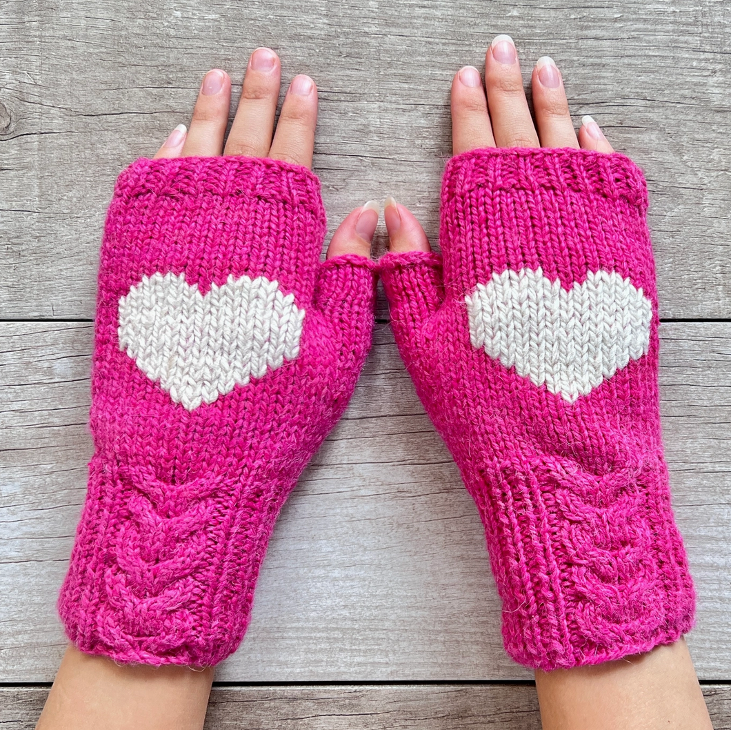 Cable Knit Heart Fingerless Gloves